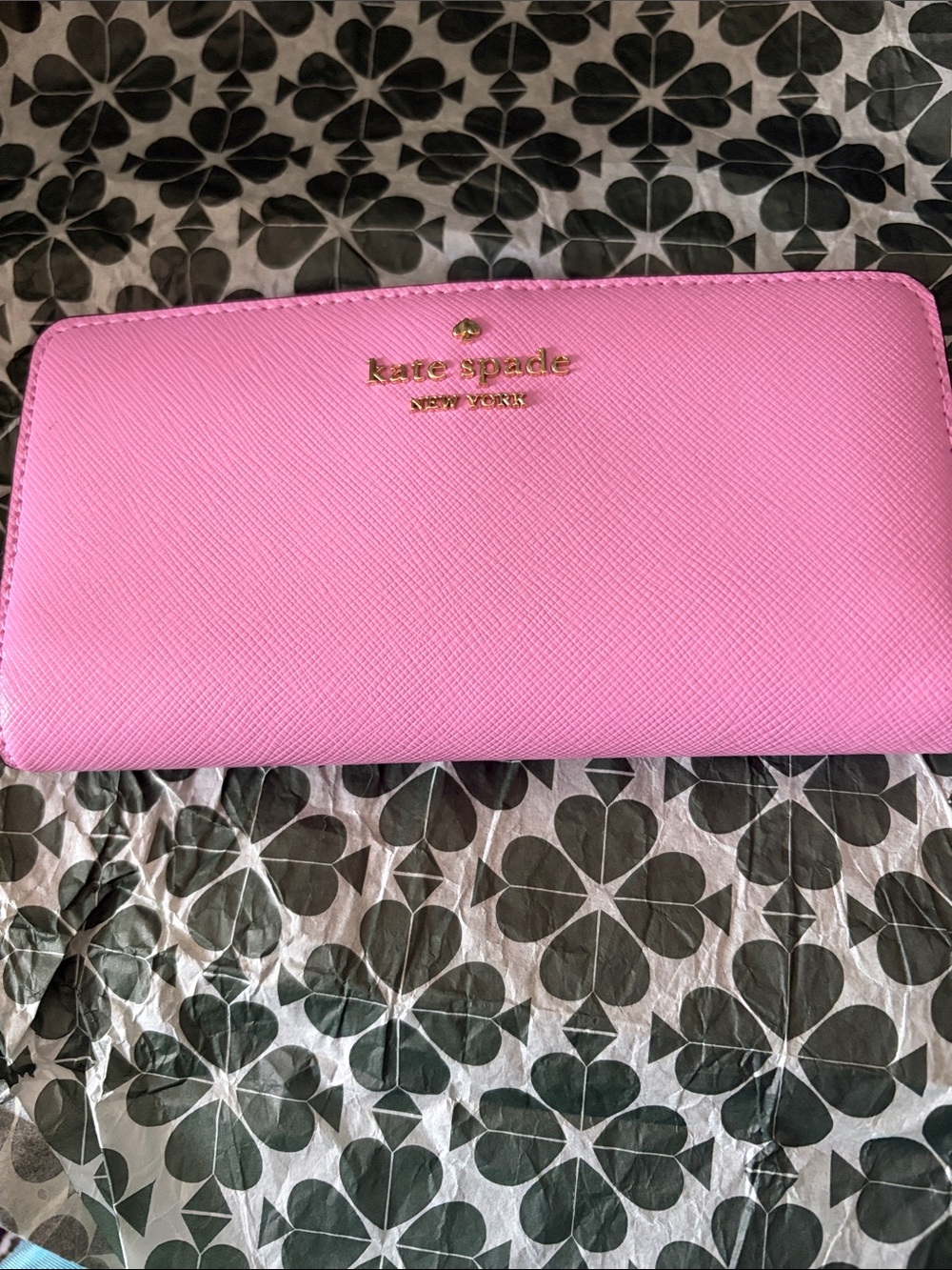 kate spade Pink Zip Around Saffiano Wallet with Gold Logo